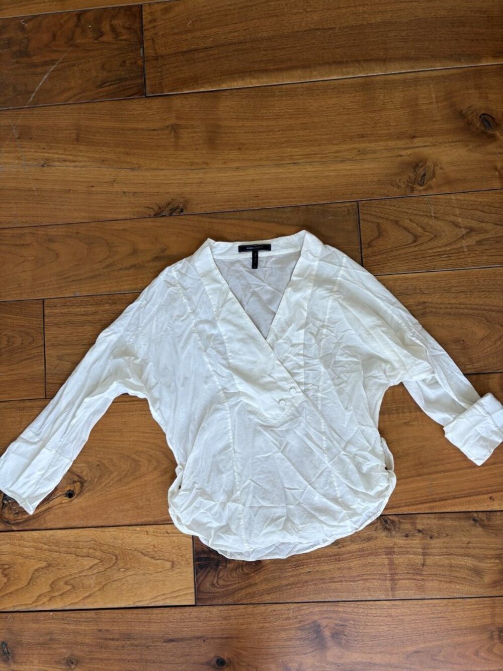 BCBG Max Azria White Cotton V-Neck Blouse Button Detail XS Fits S-M